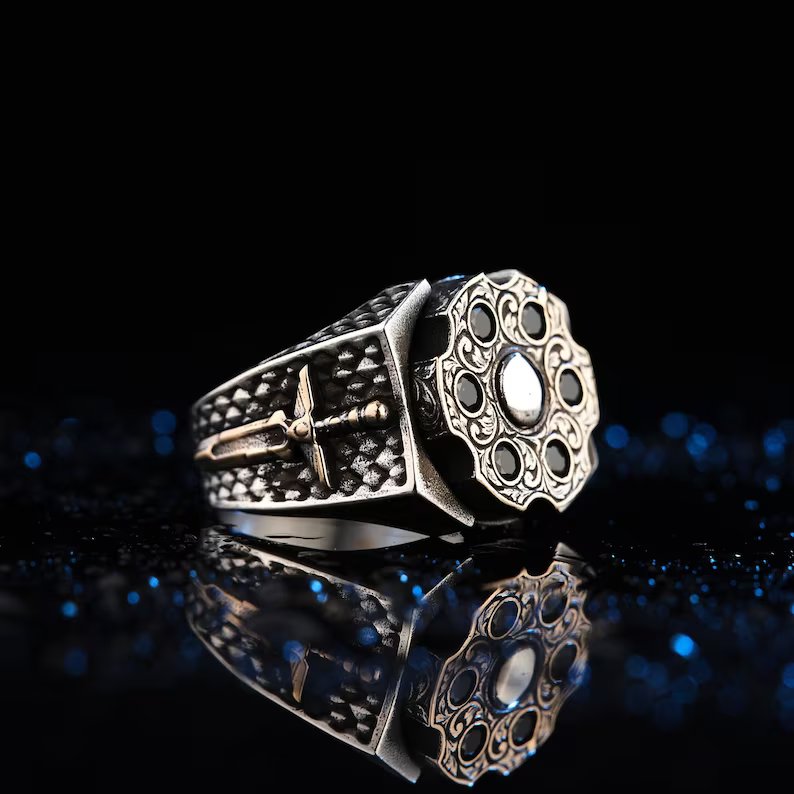 RARE PRINCE by CARAT SUTRA | Unique Turkish Style Ring with 6 stone Black Zircon | 925 Sterling Silver Oxidized Ring | Men's Jewelry | With Certificate of Authenticity and 925 Hallmark