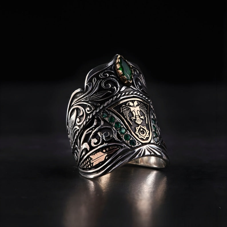 RARE PRINCE by CARAT SUTRA | Unique Turkish Emperor's Style Signet Thumb Ring studded with Emeralds | 925 Sterling Silver Oxidized Ring | Men's Jewelry | With Certificate of Authenticity and 925 Hallmark