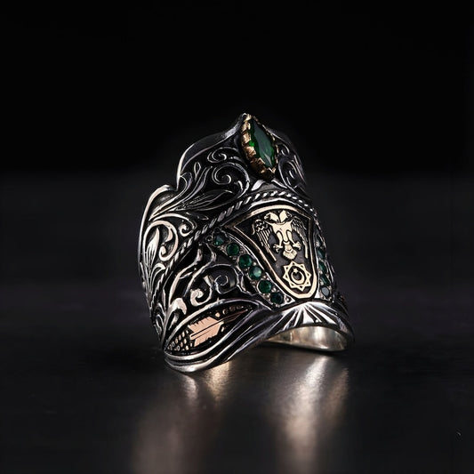 RARE PRINCE by CARAT SUTRA | Unique Turkish Emperor's Style Signet Thumb Ring studded with Emeralds | 925 Sterling Silver Oxidized Ring | Men's Jewelry | With Certificate of Authenticity and 925 Hallmark