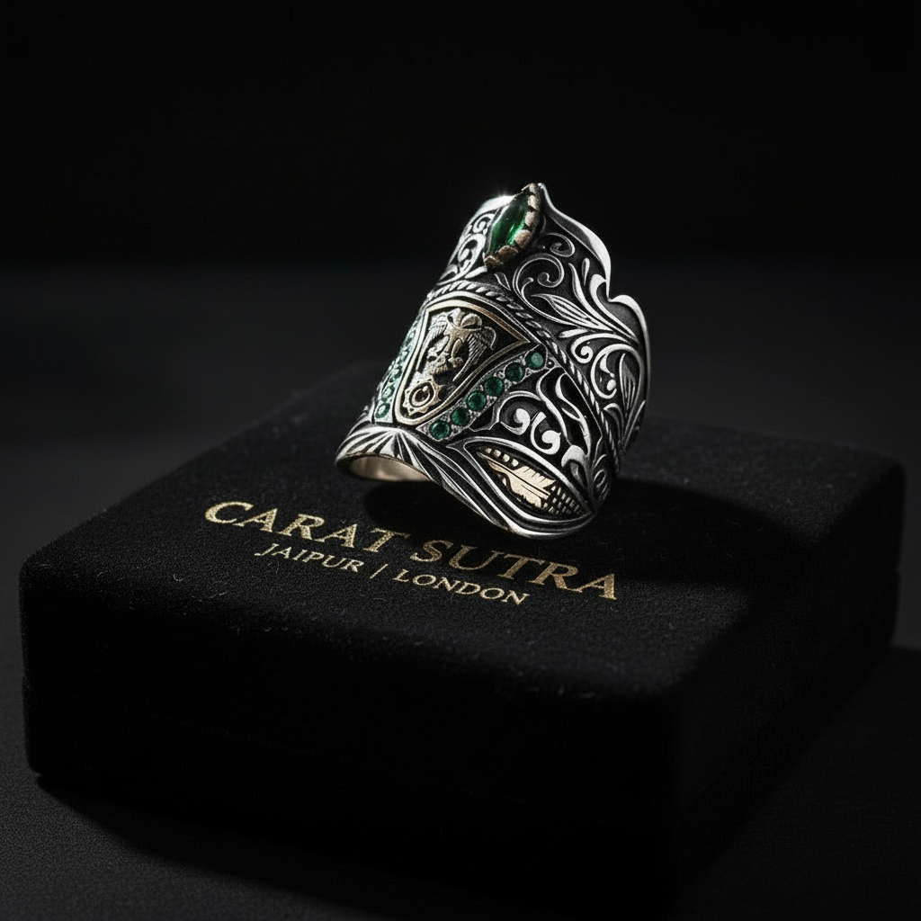 RARE PRINCE by CARAT SUTRA | Unique Turkish Emperor's Style Signet Thumb Ring studded with Emeralds | 925 Sterling Silver Oxidized Ring | Men's Jewelry | With Certificate of Authenticity and 925 Hallmark