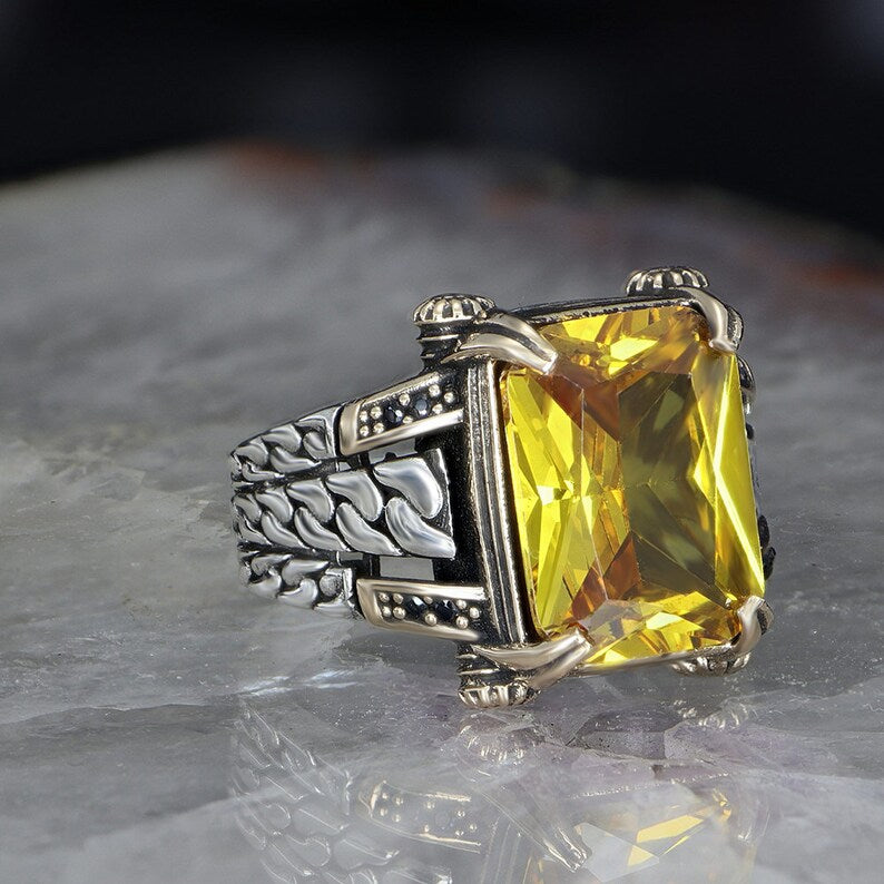 RARE PRINCE by CARAT SUTRA | Unique Versace Designed Turkish Style Ring with Natural Yellow Citrine , 925 Sterling Silver Oxidized Ring | Men's Jewelry | With Certificate of Authenticity and 925 Hallmark