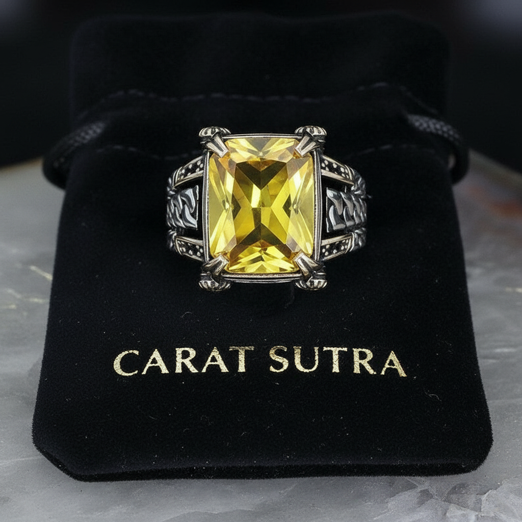 Versace Designed Turkish Style Ring with 12 ct Natural Yellow Citrine ,925 Sterling Silver Oxidized Ring | With Certificate of Authenticity and 925 Hallmark