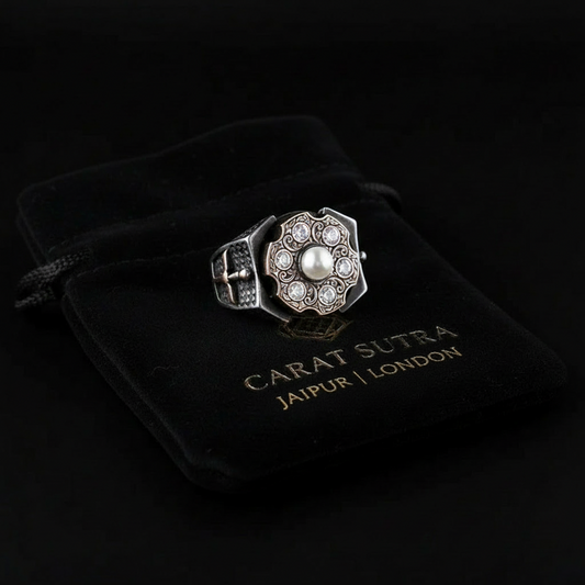 RARE PRINCE by CARAT SUTRA | Unique Designed Turkish Style Ring with 6 Stone White Zirconia | 925 Sterling Silver Oxidized Ring | Men's Jewelry | With Certificate of Authenticity and 925 Hallmark