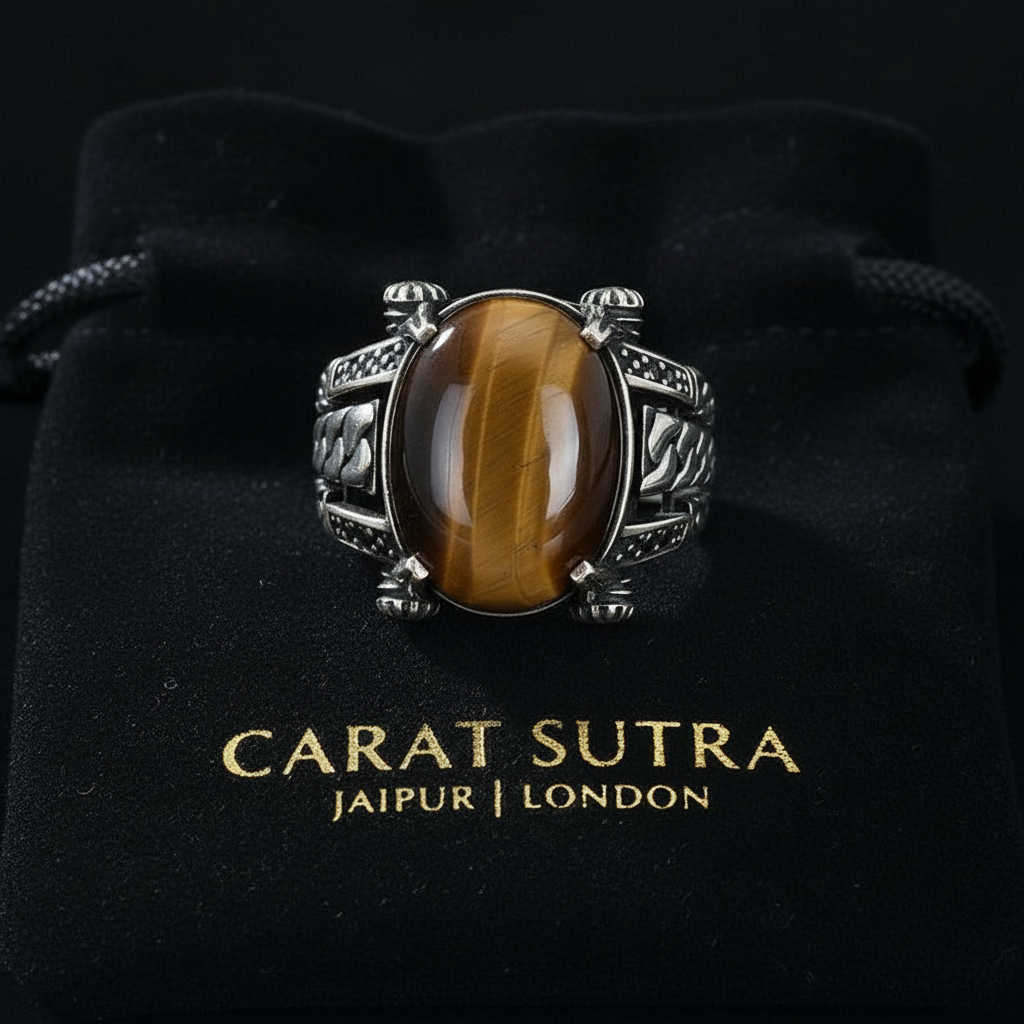RARE PRINCE by CARAT SUTRA | Unique Designed Turkish Style Ring with Natural Tiger Eye  | 925 Sterling Silver Oxidized Ring | Men's Jewelry | With Certificate of Authenticity and 925 Hallmark