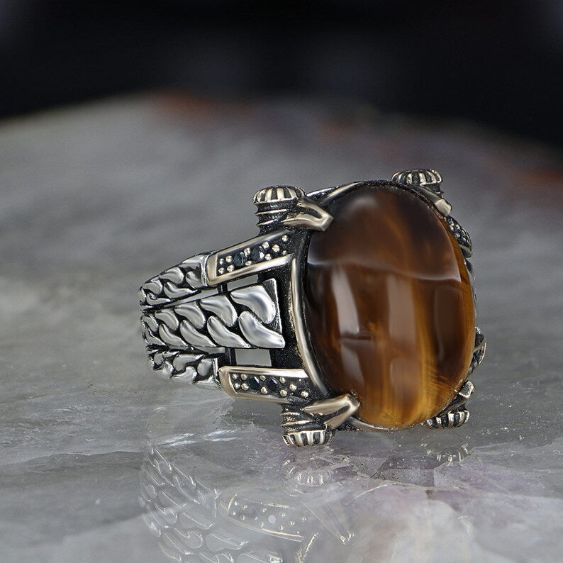 RARE PRINCE by CARAT SUTRA | Unique Designed Turkish Style Ring with Natural Tiger Eye  | 925 Sterling Silver Oxidized Ring | Men's Jewelry | With Certificate of Authenticity and 925 Hallmark