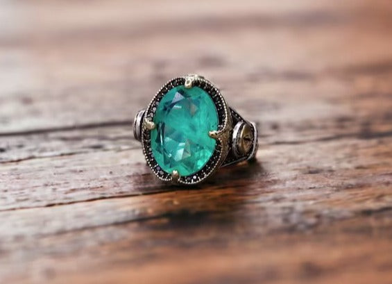 RARE PRINCE by CARAT SUTRA | Unique Designed Turkish Style Ring with Emerald | 925 Sterling Silver Oxidized Ring | Men's Jewelry | With Certificate of Authenticity and 925 Hallmark