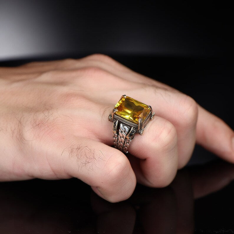 RARE PRINCE by CARAT SUTRA | Unique Versace Designed Turkish Style Ring with Natural Yellow Citrine , 925 Sterling Silver Oxidized Ring | Men's Jewelry | With Certificate of Authenticity and 925 Hallmark