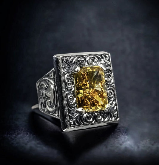 RARE PRINCE by CARAT SUTRA | Unique Hand-Engraved Turkish Style Ring with AAA+ Natural Yellow Citrine, 925 Sterling Silver Oxidized Ring | Men's Jewelry | With Certificate of Authenticity and 925 Hallmark