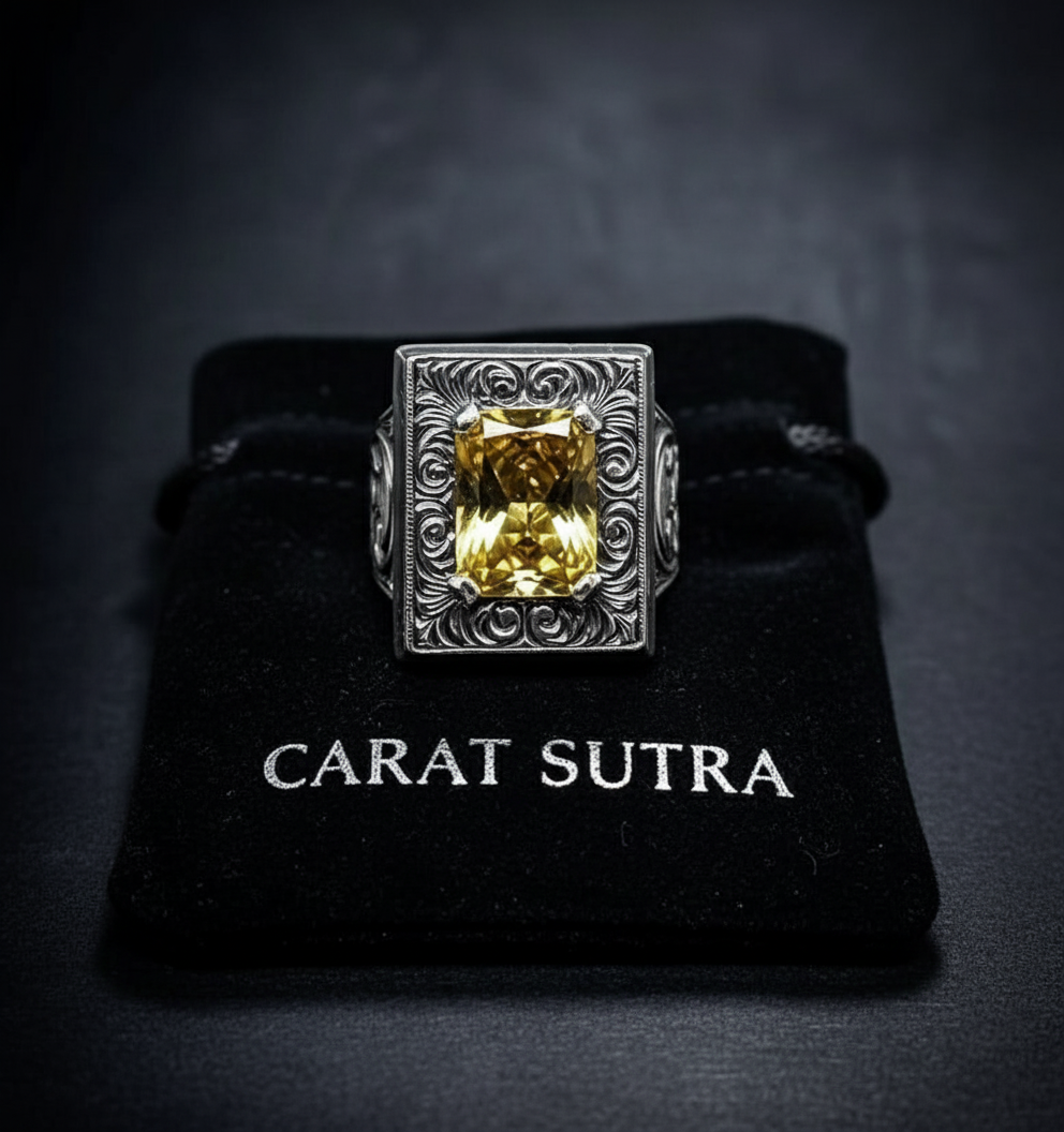 RARE PRINCE by CARAT SUTRA | Unique Hand-Engraved Turkish Style Ring with AAA+ Natural Yellow Citrine, 925 Sterling Silver Oxidized Ring | Men's Jewelry | With Certificate of Authenticity and 925 Hallmark