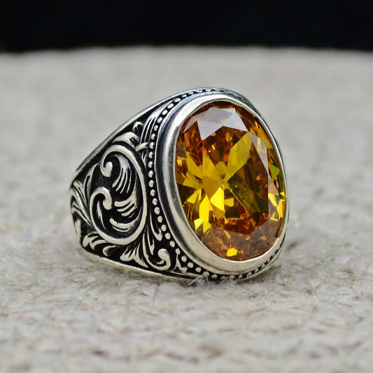 RARE PRINCE by CARAT SUTRA | Unique Designed Turkish Style Ring with Natural Yellow Citrine , 925 Sterling Silver Oxidized Ring | Men's Jewelry | With Certificate of Authenticity and 925 Hallmark