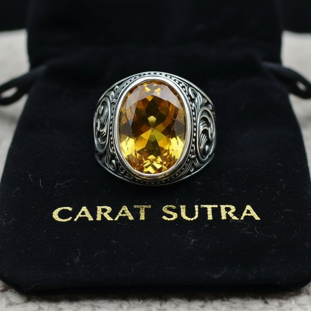 RARE PRINCE by CARAT SUTRA | Unique Designed Turkish Style Ring with Natural Yellow Citrine , 925 Sterling Silver Oxidized Ring | Men's Jewelry | With Certificate of Authenticity and 925 Hallmark