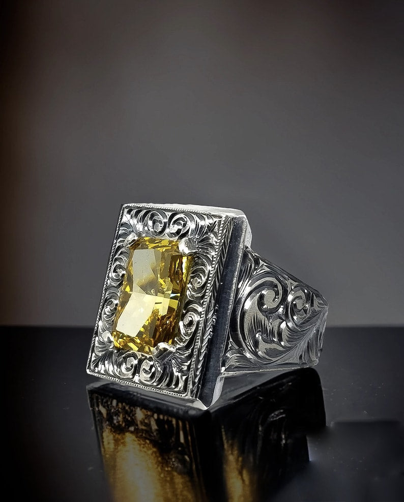 RARE PRINCE by CARAT SUTRA | Unique Hand-Engraved Turkish Style Ring with AAA+ Natural Yellow Citrine, 925 Sterling Silver Oxidized Ring | Men's Jewelry | With Certificate of Authenticity and 925 Hallmark