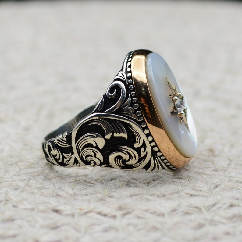 RARE PRINCE by CARAT SUTRA | Unique Turkish Style Ring with Natural Pearl | 925 Sterling Silver Oxidized Ring | Men's Jewelry | With Certificate of Authenticity and 925 Hallmark