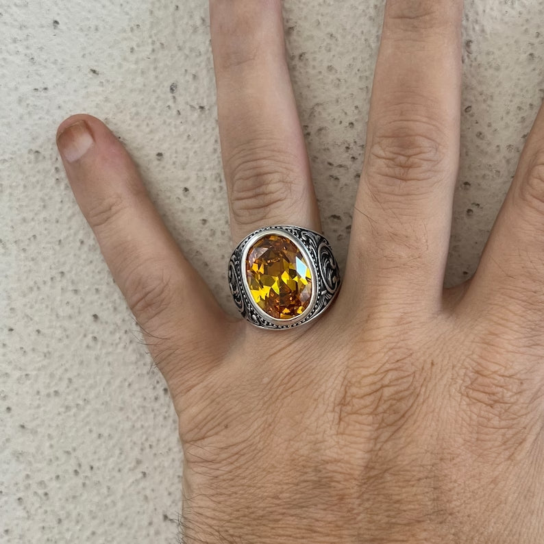 RARE PRINCE by CARAT SUTRA | Unique Designed Turkish Style Ring with Natural Yellow Citrine , 925 Sterling Silver Oxidized Ring | Men's Jewelry | With Certificate of Authenticity and 925 Hallmark