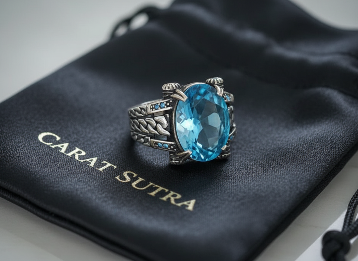 RARE PRINCE by CARAT SUTRA | Exclusively Designed Ring with Blue Topaz | 925 Sterling Silver Oxidized Ring | Men's Jewelry | With Certificate of Authenticity and 925 Hallmark