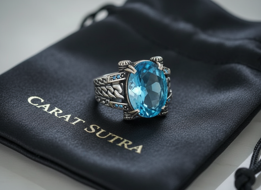 RARE PRINCE by CARAT SUTRA | Exclusively Designed Ring with Blue Topaz | 925 Sterling Silver Oxidized Ring | Men's Jewelry | With Certificate of Authenticity and 925 Hallmark