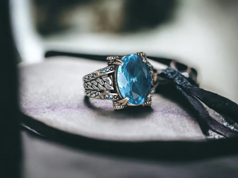 RARE PRINCE by CARAT SUTRA | Exclusively Designed Ring with Blue Topaz | 925 Sterling Silver Oxidized Ring | Men's Jewelry | With Certificate of Authenticity and 925 Hallmark