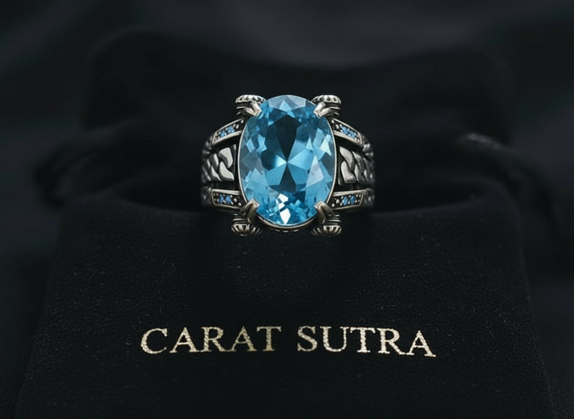 RARE PRINCE by CARAT SUTRA | Exclusively Designed Ring with Blue Topaz | 925 Sterling Silver Oxidized Ring | Men's Jewelry | With Certificate of Authenticity and 925 Hallmark