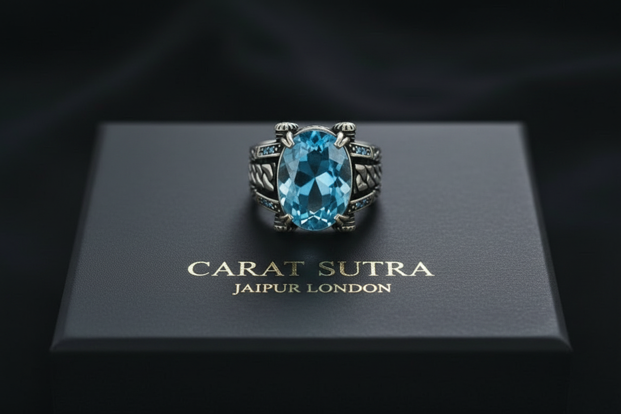 RARE PRINCE by CARAT SUTRA | Exclusively Designed Ring with Blue Topaz | 925 Sterling Silver Oxidized Ring | Men's Jewelry | With Certificate of Authenticity and 925 Hallmark - caratsutra