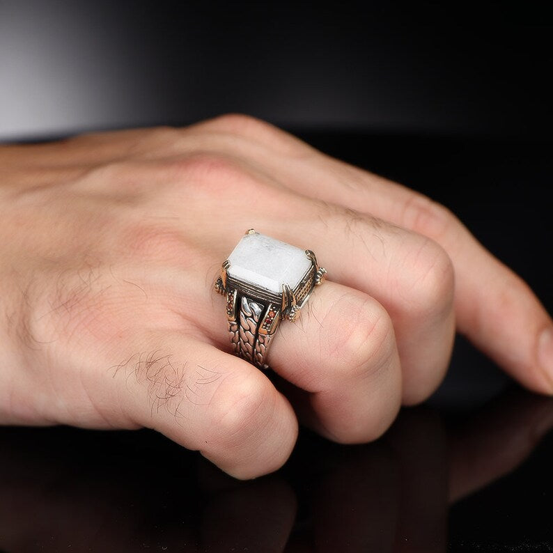 RARE PRINCE by CARAT SUTRA | Unique Designed Turkish Style Ring with Natural Moonstone | 925 Sterling Silver Oxidized Ring | Men's Jewelry | With Certificate of Authenticity and 925 Hallmark