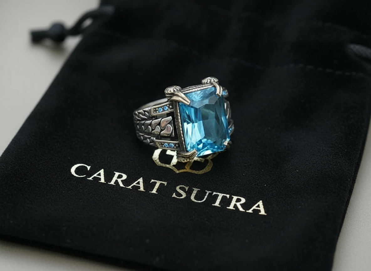 RARE PRINCE by CARAT SUTRA | Exclusively Designed Ring with Blue Topaz | 925 Sterling Silver Oxidized Ring | Men's Jewelry | With Certificate of Authenticity and 925 Hallmark