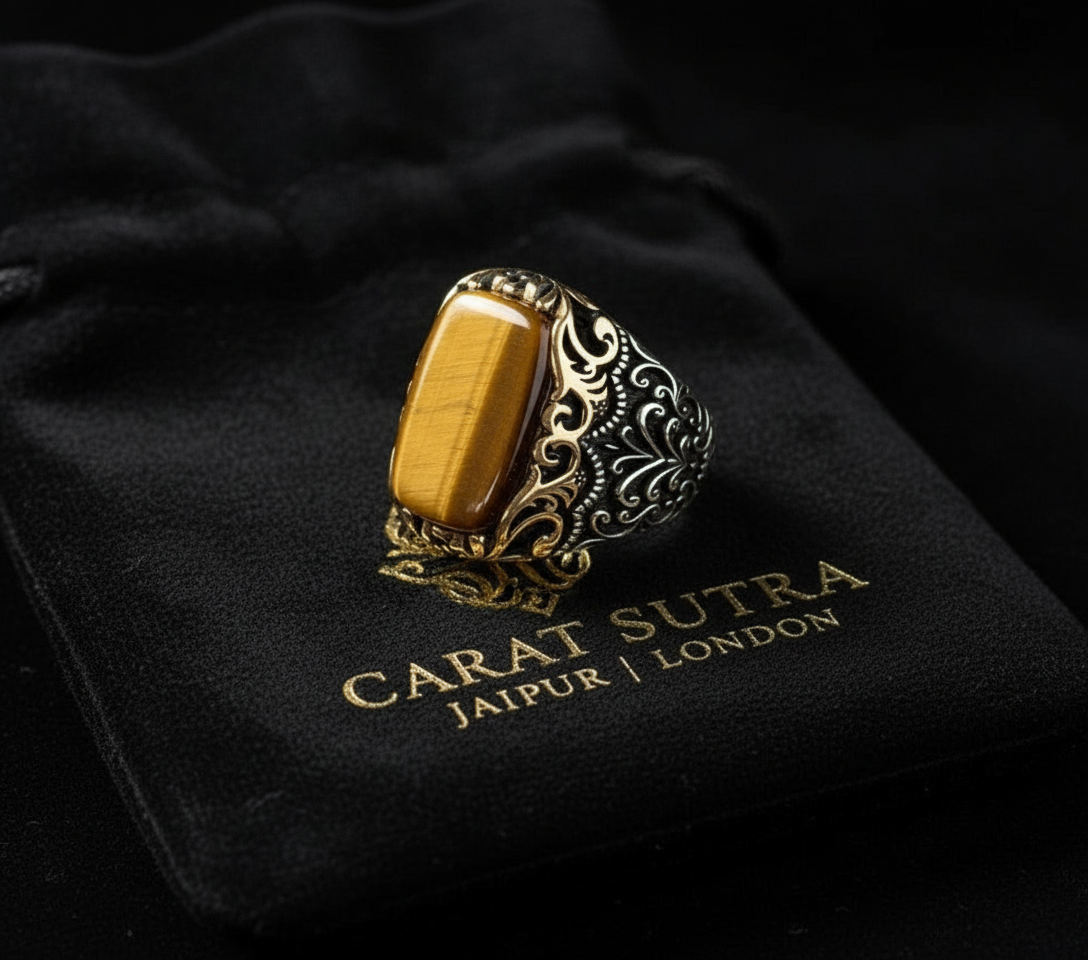 RARE PRINCE by CARAT SUTRA | Unique Designed Turkish Style Ring with Natural Tiger Eye  | 925 Sterling Silver Oxidized Ring | Men's Jewelry | With Certificate of Authenticity and 925 Hallmark