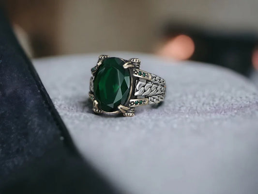 RARE PRINCE by CARAT SUTRA | Unique Designed Turkish Style Ring with Natural Emerald | 925 Sterling Silver Oxidized Ring | Men's Jewelry | With Certificate of Authenticity and 925 Hallmark