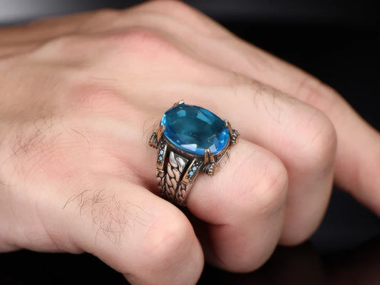 RARE PRINCE by CARAT SUTRA | Exclusively Designed Ring with Blue Topaz | 925 Sterling Silver Oxidized Ring | Men's Jewelry | With Certificate of Authenticity and 925 Hallmark