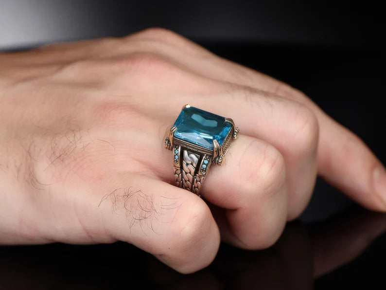 RARE PRINCE by CARAT SUTRA | Exclusively Designed Ring with Blue Topaz | 925 Sterling Silver Oxidized Ring | Men's Jewelry | With Certificate of Authenticity and 925 Hallmark
