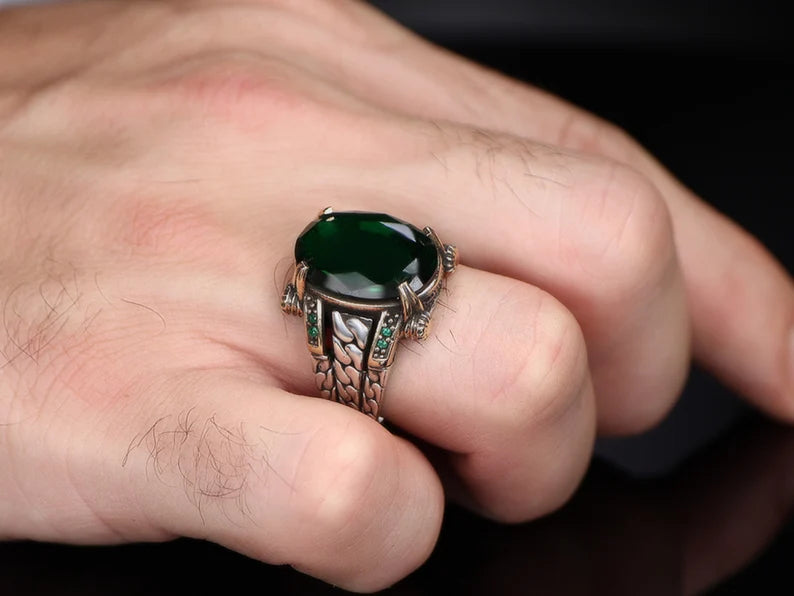 RARE PRINCE by CARAT SUTRA | Unique Designed Turkish Style Ring with Natural Emerald | 925 Sterling Silver Oxidized Ring | Men's Jewelry | With Certificate of Authenticity and 925 Hallmark