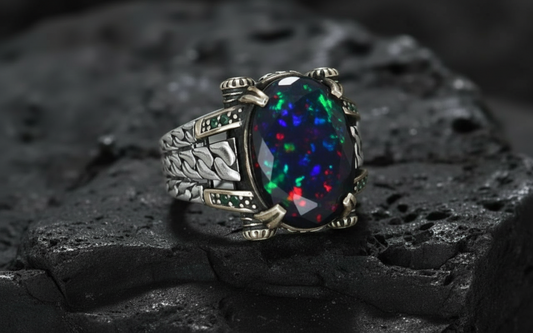 Unique Designed Turkish Style Ring with 12ct Natural Fire Black Opal | 925 Sterling Silver Oxidized Ring | With Certificate of Authenticity and 925 Hallmark