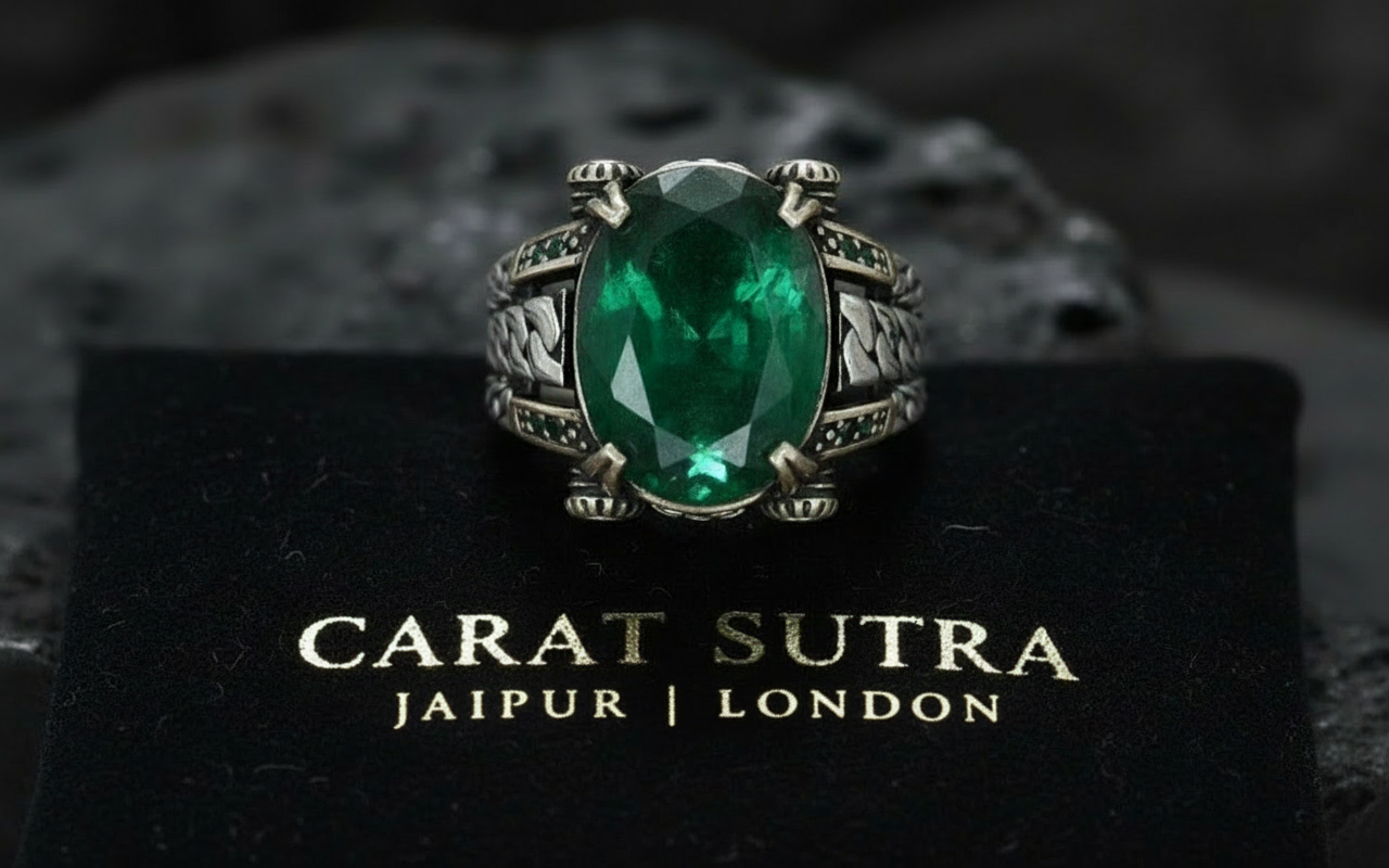 RARE PRINCE by CARAT SUTRA | Unique Designed Turkish Style Ring with Natural Emerald | 925 Sterling Silver Oxidized Ring | Men's Jewelry | With Certificate of Authenticity and 925 Hallmark