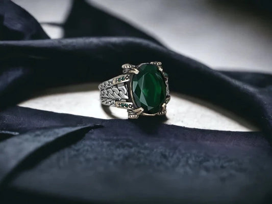 RARE PRINCE by CARAT SUTRA | Unique Designed Turkish Style Ring with Natural Emerald | 925 Sterling Silver Oxidized Ring | Men's Jewelry | With Certificate of Authenticity and 925 Hallmark
