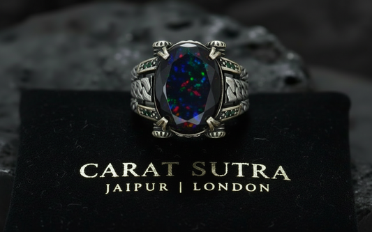 Unique Designed Turkish Style Ring with 12ct Natural Fire Black Opal | 925 Sterling Silver Oxidized Ring | With Certificate of Authenticity and 925 Hallmark