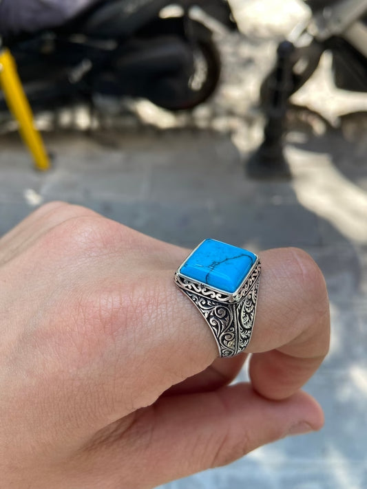 RARE PRINCE by CARAT SUTRA | Unique Designed Turkish Style Ring with Natural Irani Turquoise (Firoza) | 925 Sterling Silver Oxidized Ring | Men's Jewelry | With Certificate of Authenticity and 925 Hallmark
