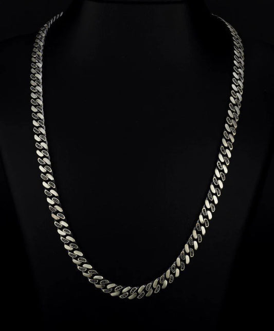 RARE PRINCE by CARAT SUTRA | 12mm Wide Solid Miami Cuban Link Chain Studded With Black Zirconia Stone | 925 Sterling Silver Chain | Men's Jewelry | With Certificate of Authenticity and 925 Hallmark