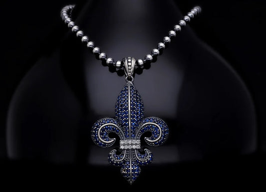 RARE PRINCE by CARAT SUTRA | Unique Designed Fleur-De-Lis Pendant Studded with Blue Zircons for Men | 925 Sterling Silver Oxidized Pendant | Men's Jewelry | With Certificate of Authenticity and 925 Hallmark