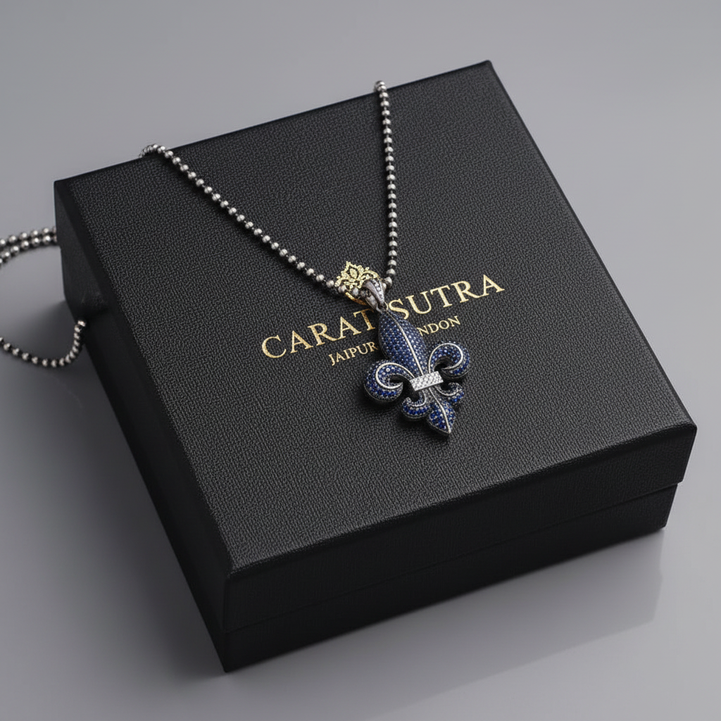 RARE PRINCE by CARAT SUTRA | Unique Designed Fleur-De-Lis Pendant Studded with Blue Zircons for Men | 925 Sterling Silver Oxidized Pendant | Men's Jewelry | With Certificate of Authenticity and 925 Hallmark - caratsutra