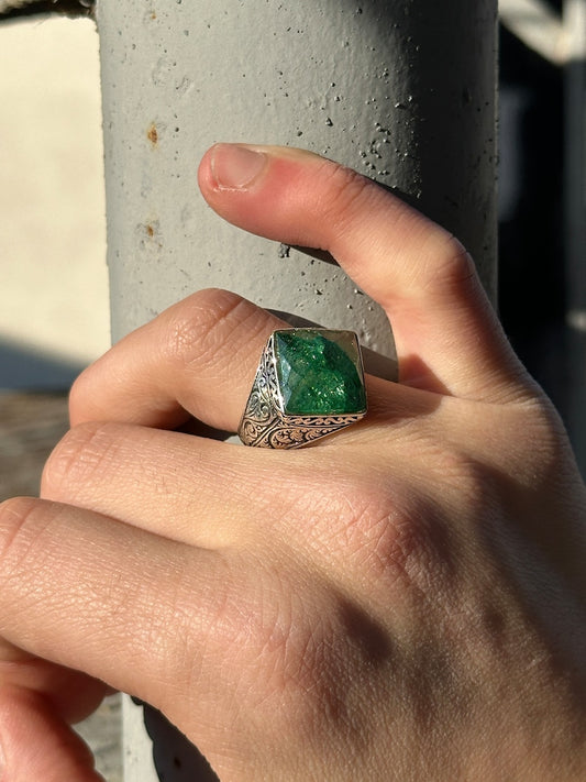 Tilted Square Designed Turkish Style Ring with Natural Emerald | 925 Sterling Silver Oxidized Ring | With Certificate of Authenticity and 925 Hallmark