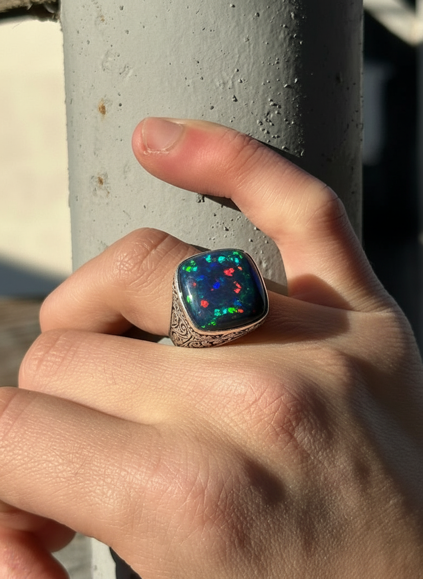 Unique Designed Turkish Style Ring with 12ct Natural Fire Black Opal | 925 Sterling Silver Oxidized Ring | With Certificate of Authenticity and 925 Hallmark