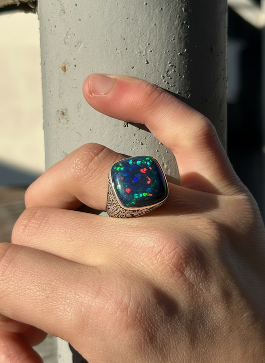 Unique Designed Turkish Style Ring with 12ct Natural Fire Black Opal | 925 Sterling Silver Oxidized Ring | With Certificate of Authenticity and 925 Hallmark