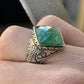 Tilted Square Designed Turkish Style Ring with Natural Emerald | 925 Sterling Silver Oxidized Ring | With Certificate of Authenticity and 925 Hallmark