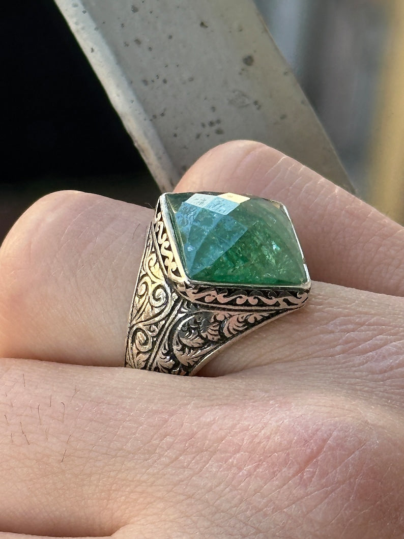 RARE PRINCE by CARAT SUTRA | Unique Designed Turkish Style Ring with Natural Emerald | 925 Sterling Silver Oxidized Ring | Men's Jewelry | With Certificate of Authenticity and 925 Hallmark