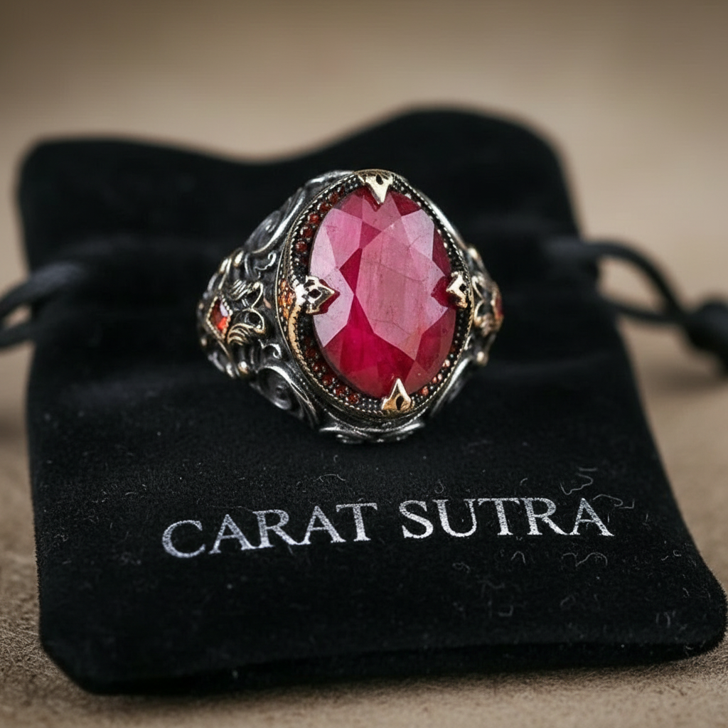 RARE PRINCE by CARAT SUTRA | Unique Designed Turkish Style Heavy Ring with Natural Red Ruby | 22kt Gold Micron Plated 925 Sterling Silver Oxidized Ring | Men's Jewelry | With Certificate of Authenticity and 925 Hallmark