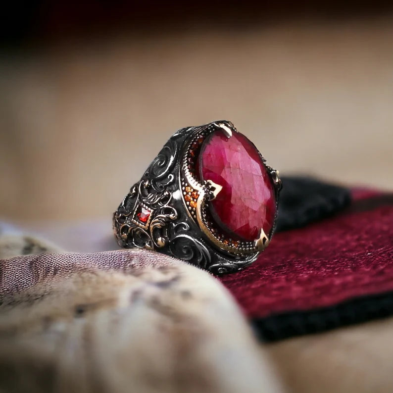 RARE PRINCE by CARAT SUTRA | Unique Designed Turkish Style Heavy Ring with Natural Red Ruby | 22kt Gold Micron Plated 925 Sterling Silver Oxidized Ring | Men's Jewelry | With Certificate of Authenticity and 925 Hallmark
