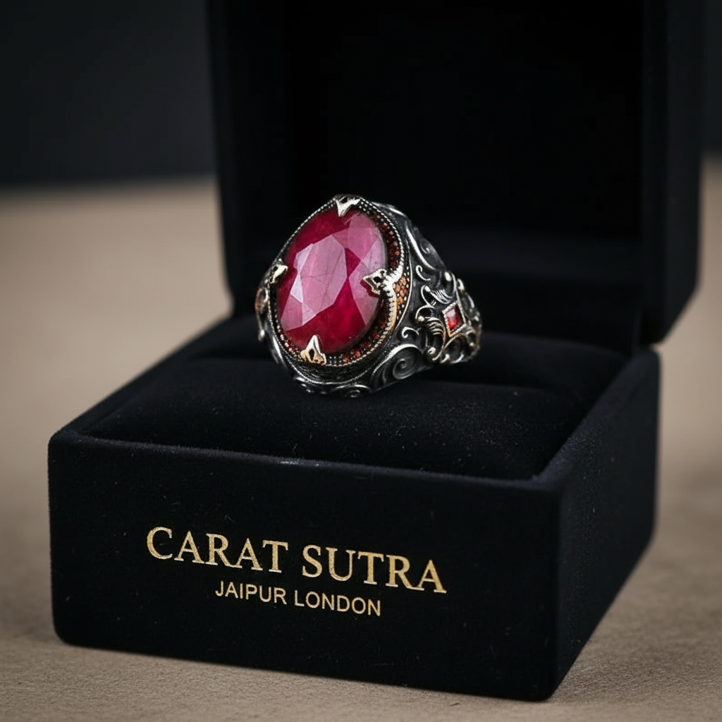 RARE PRINCE by CARAT SUTRA | Unique Designed Turkish Style Heavy Ring with Natural Red Ruby | 22kt Gold Micron Plated 925 Sterling Silver Oxidized Ring | Men's Jewelry | With Certificate of Authenticity and 925 Hallmark - caratsutra