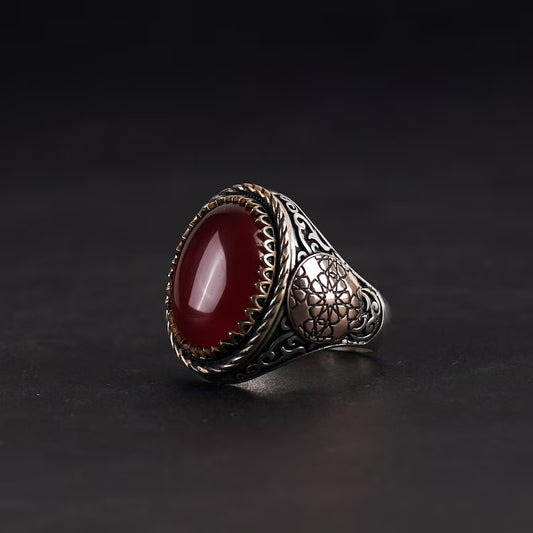 RARE PRINCE by CARAT SUTRA | Unique Turkish Style Ring with Natural Red Agate  | 925 Sterling Silver Oxidized Ring | Men's Jewelry | With Certificate of Authenticity and 925 Hallmark