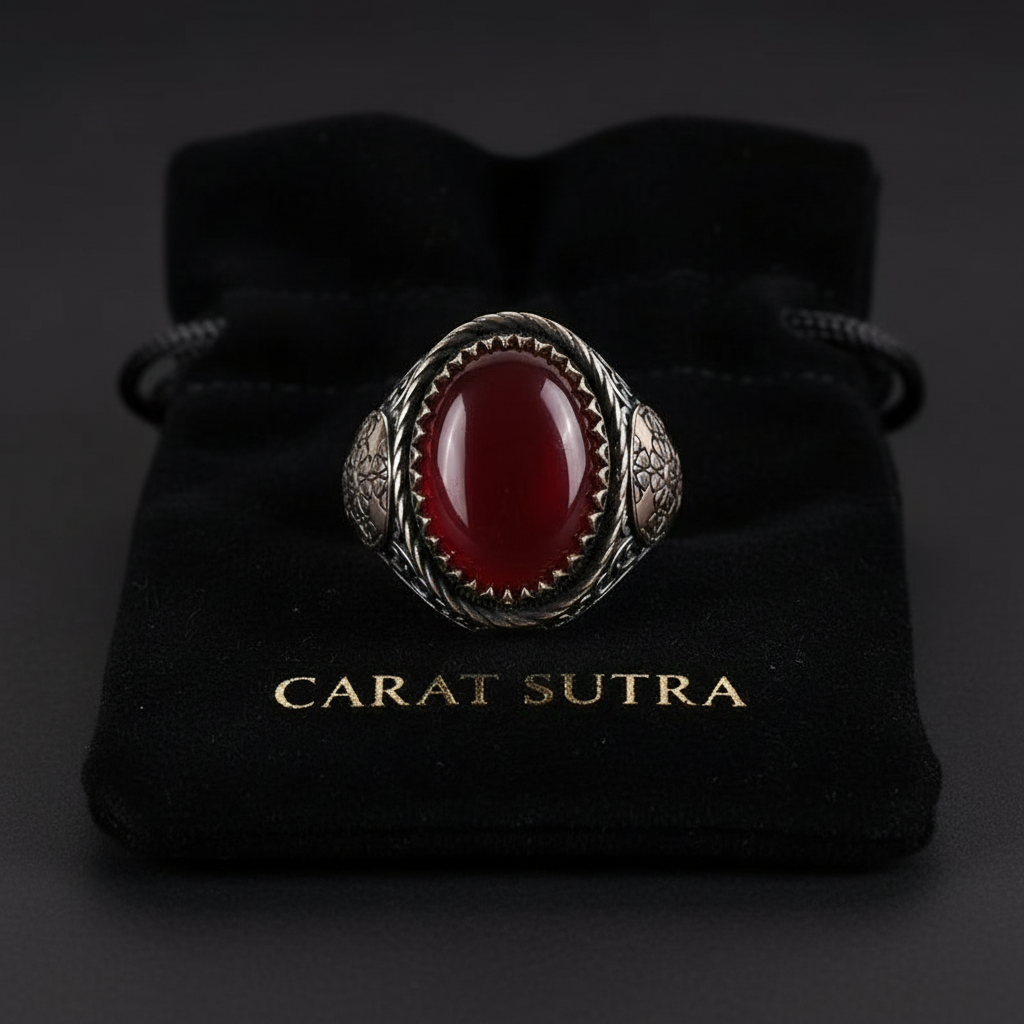 RARE PRINCE by CARAT SUTRA | Unique Turkish Style Ring with Natural Red Agate  | 925 Sterling Silver Oxidized Ring | Men's Jewelry | With Certificate of Authenticity and 925 Hallmark