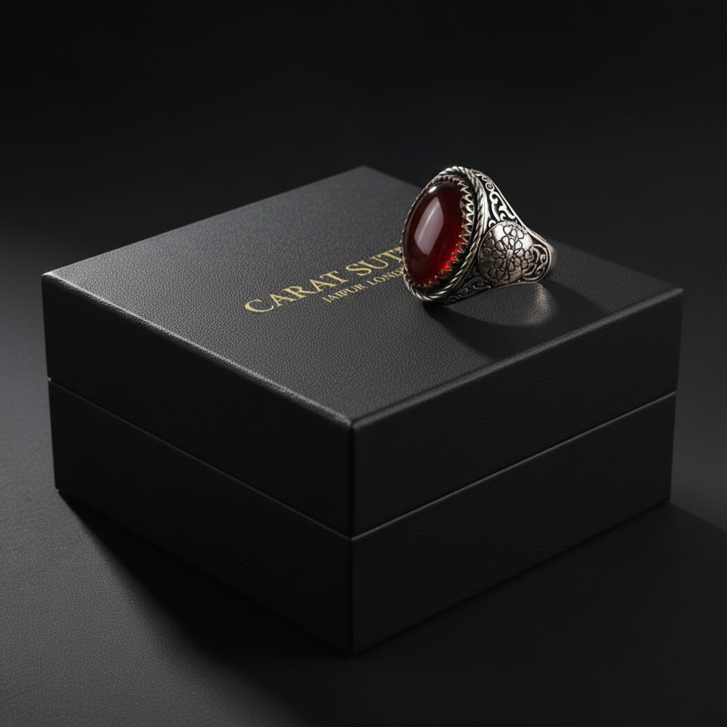 RARE PRINCE by CARAT SUTRA | Unique Turkish Style Ring with Natural Red Agate  | 925 Sterling Silver Oxidized Ring | Men's Jewelry | With Certificate of Authenticity and 925 Hallmark - caratsutra