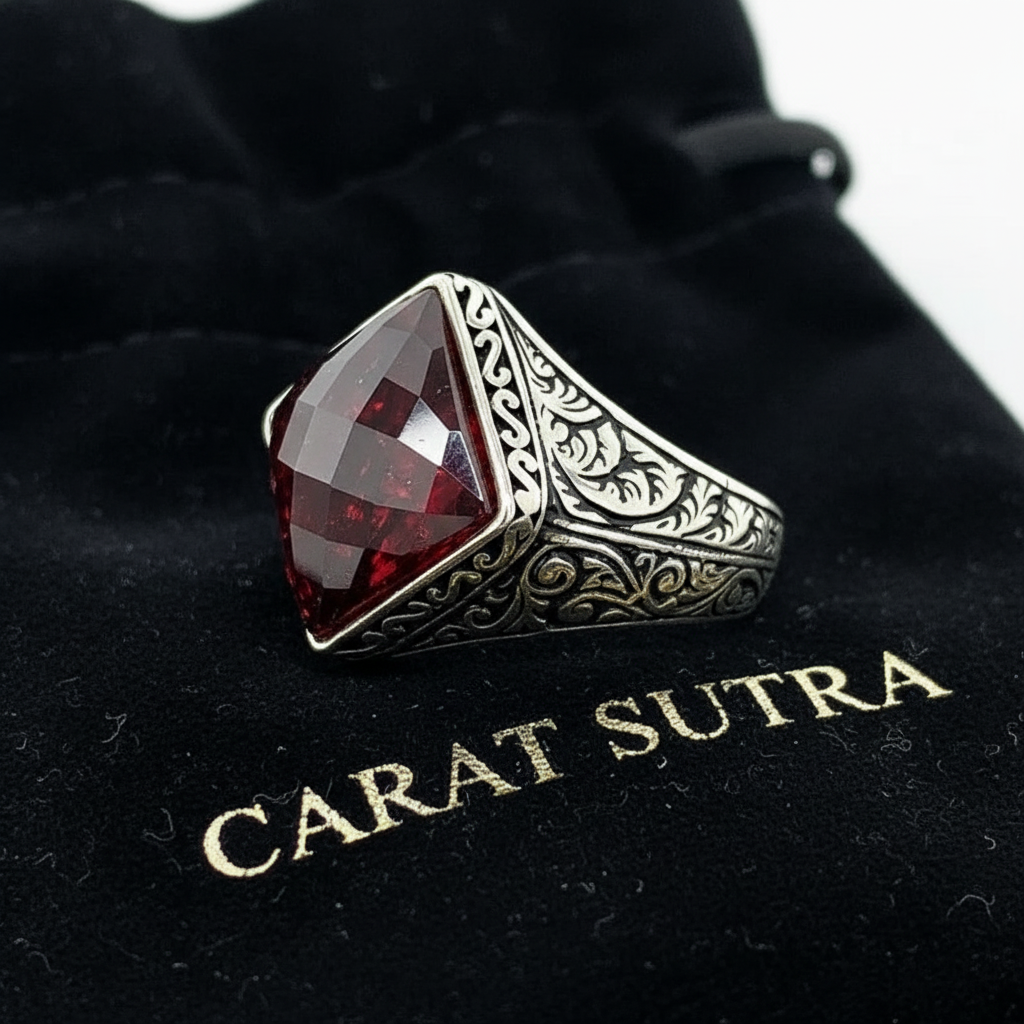 RARE PRINCE by CARAT SUTRA | Unique Designed Ring with Natural Red Ruby | 925 Sterling Silver Oxidized Ring | Men's Jewelry | With Certificate of Authenticity and 925 Hallmark